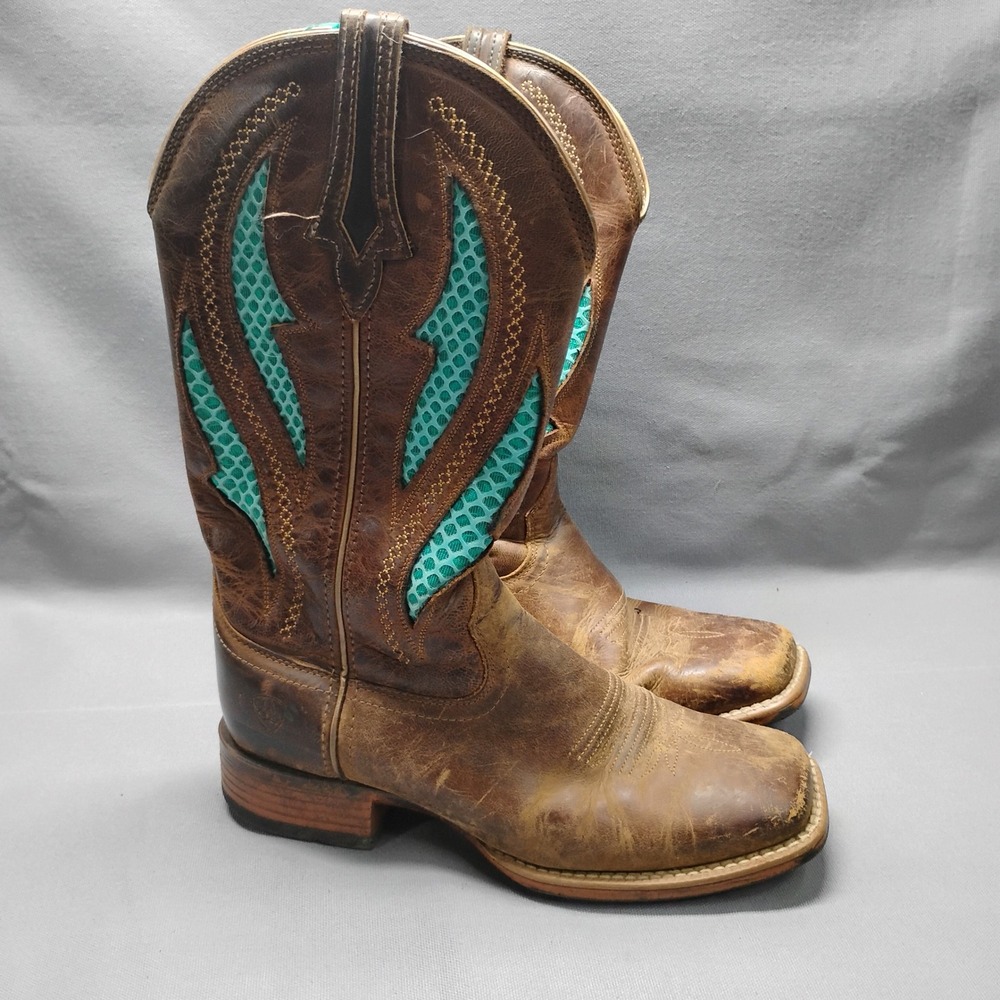 Ariat VentTEK Cowgirl Boots Brown Leather Teal Mesh 10023146 Womens 7.5B